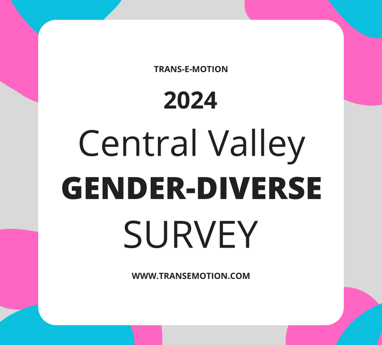 Pink and blue spots surround a white square. TRANS-E-MOTION 2024 Central Valley gender-diverse survey WWW.TRANSEMOTION.COM