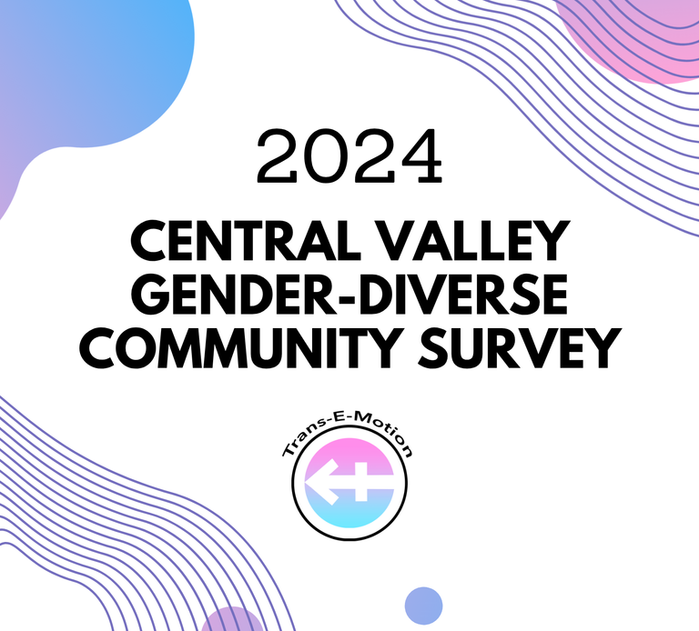 Pink and blue spots surround a white square. TRANS-E-MOTION 2024 Central Valley gender-diverse survey WWW.TRANSEMOTION.COM