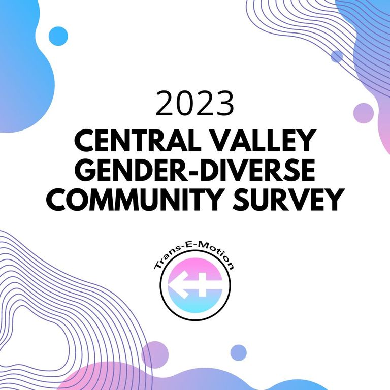 pink and blue spots and squiggles surround the Trans-E-Motion logo. 2023 Central Valley Gender-Diverse Community Survey