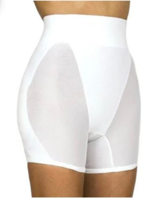 A skinny person's fair-complected torso is wearing a garment that is cinching their waist and adding padding to their hips.