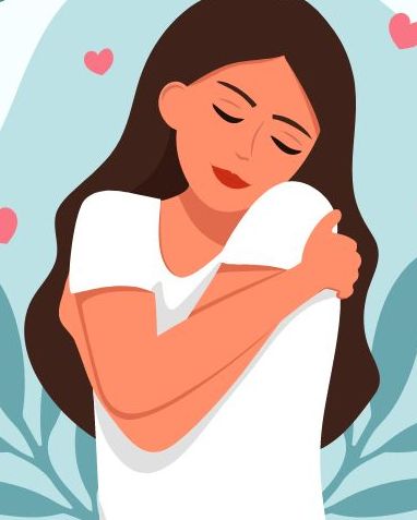 A feminine-presenting person with light brown skin and dark brown hair hugs themself as hearts float around them.
